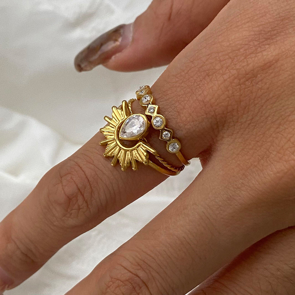 Trendy Sunburst Style Gold CZ Stainless Steel Adjustable Ring Wholesale