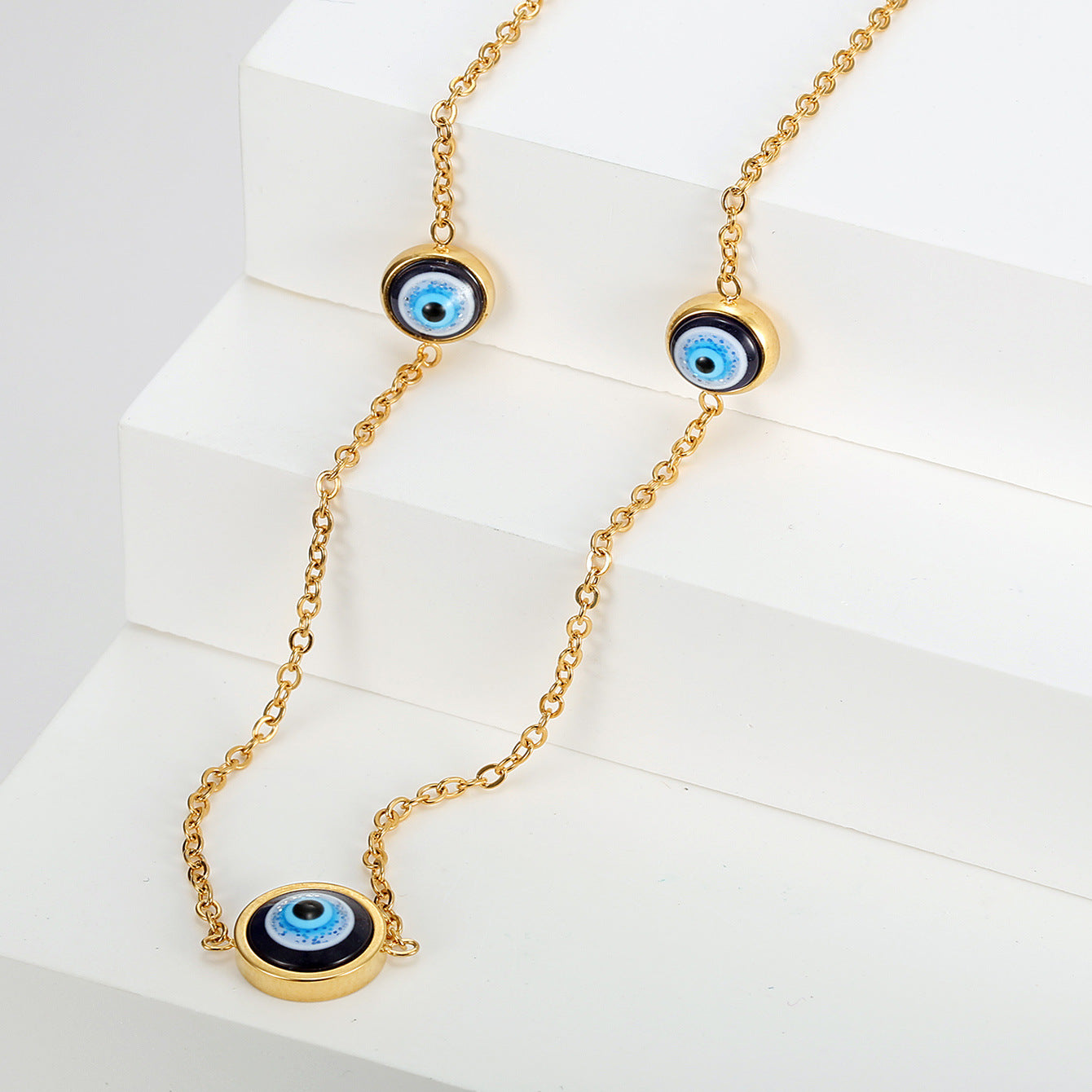 Evil Eye Blue Gold Stainless Steel Anti Tarnish Necklace Chain Bulk