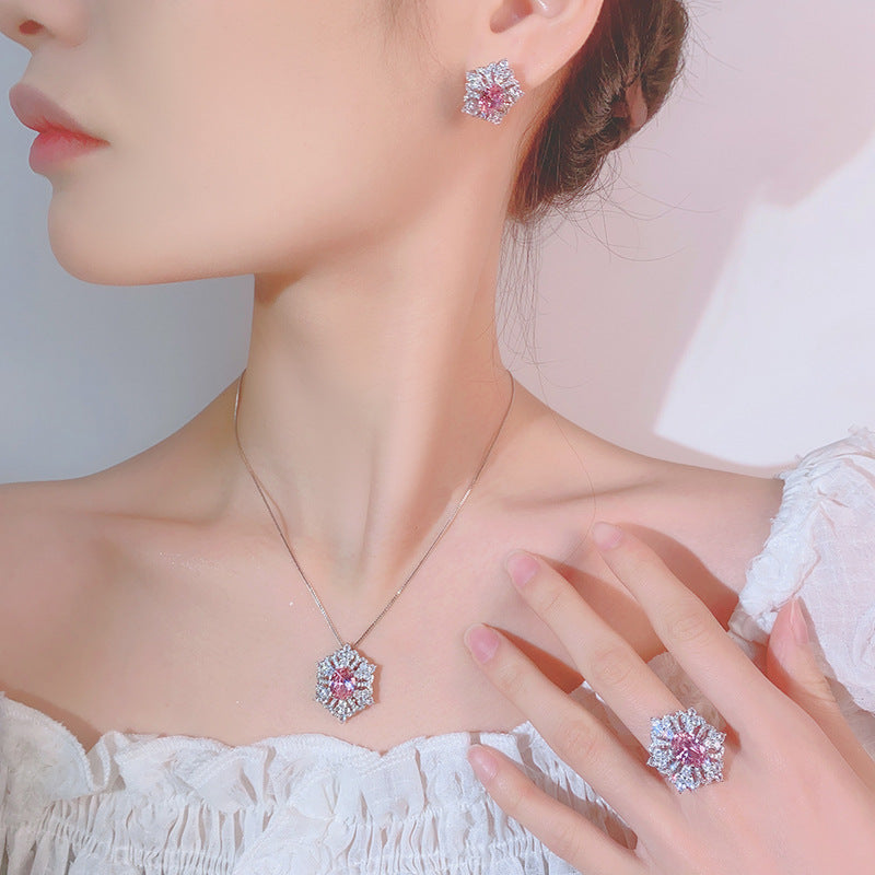 Flower Red Gemstone Silver CZ Necklace Earring Ring Set Bulk