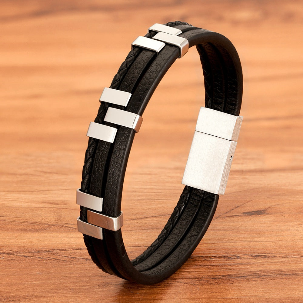 Layer Black Brown Blue Silver Leather Stainless Steel Bracelet Bulk