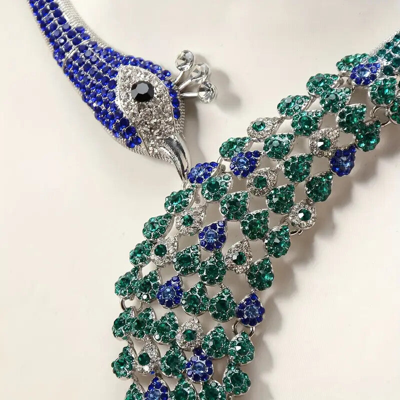 Peacock Style Silver Plated Blue Green & White Rhinestone Necklace Bulk