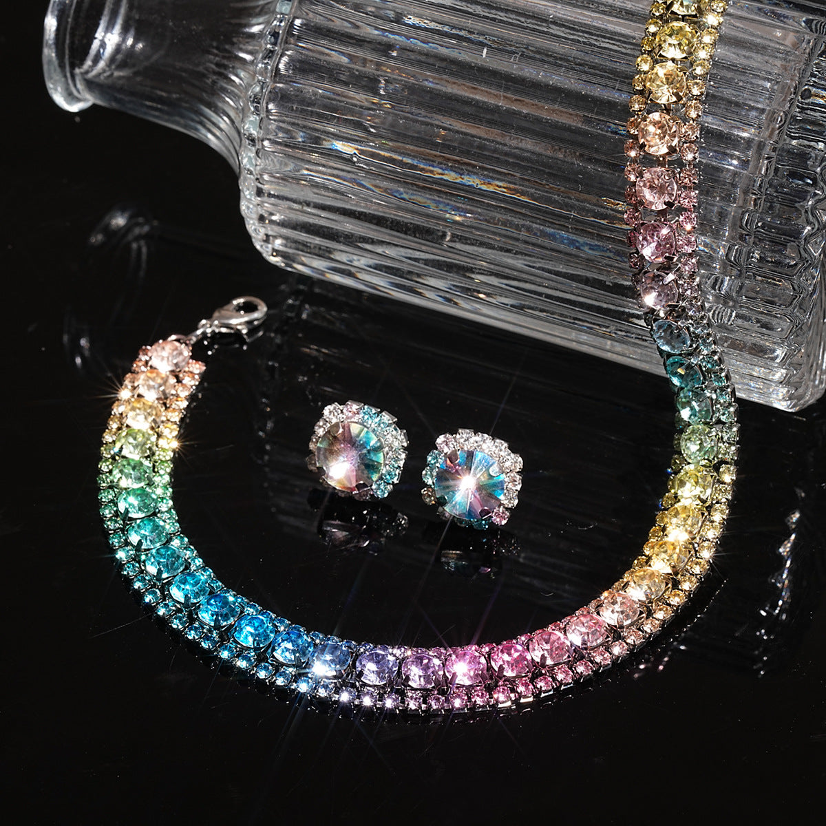 Multi Color Choker Tennis Silver Rhinestone Necklace Earring Set Bulk