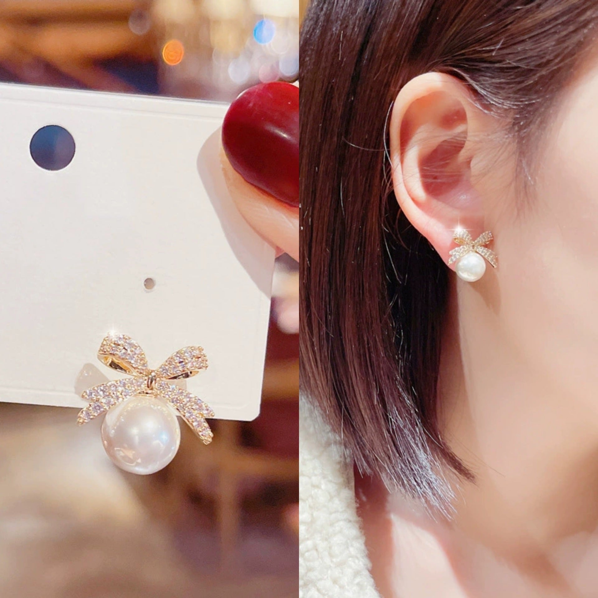 Bow Versatile Gold Silver CZ Pearl Anti Tarnish Stud Earrings Bulk Secondary image