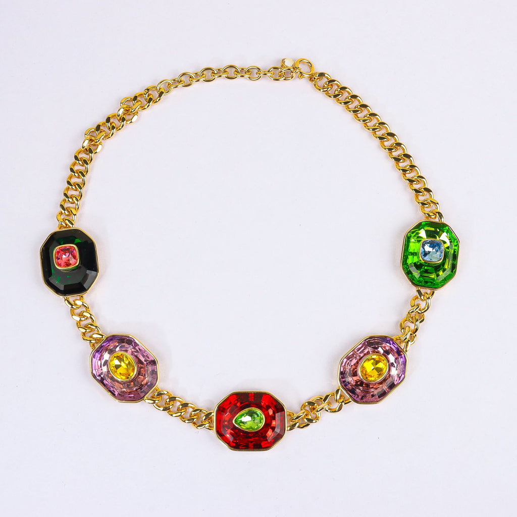 Multi Color Designer Chunky Chain Gold CZ Copper Necklace Combo Set Bulk