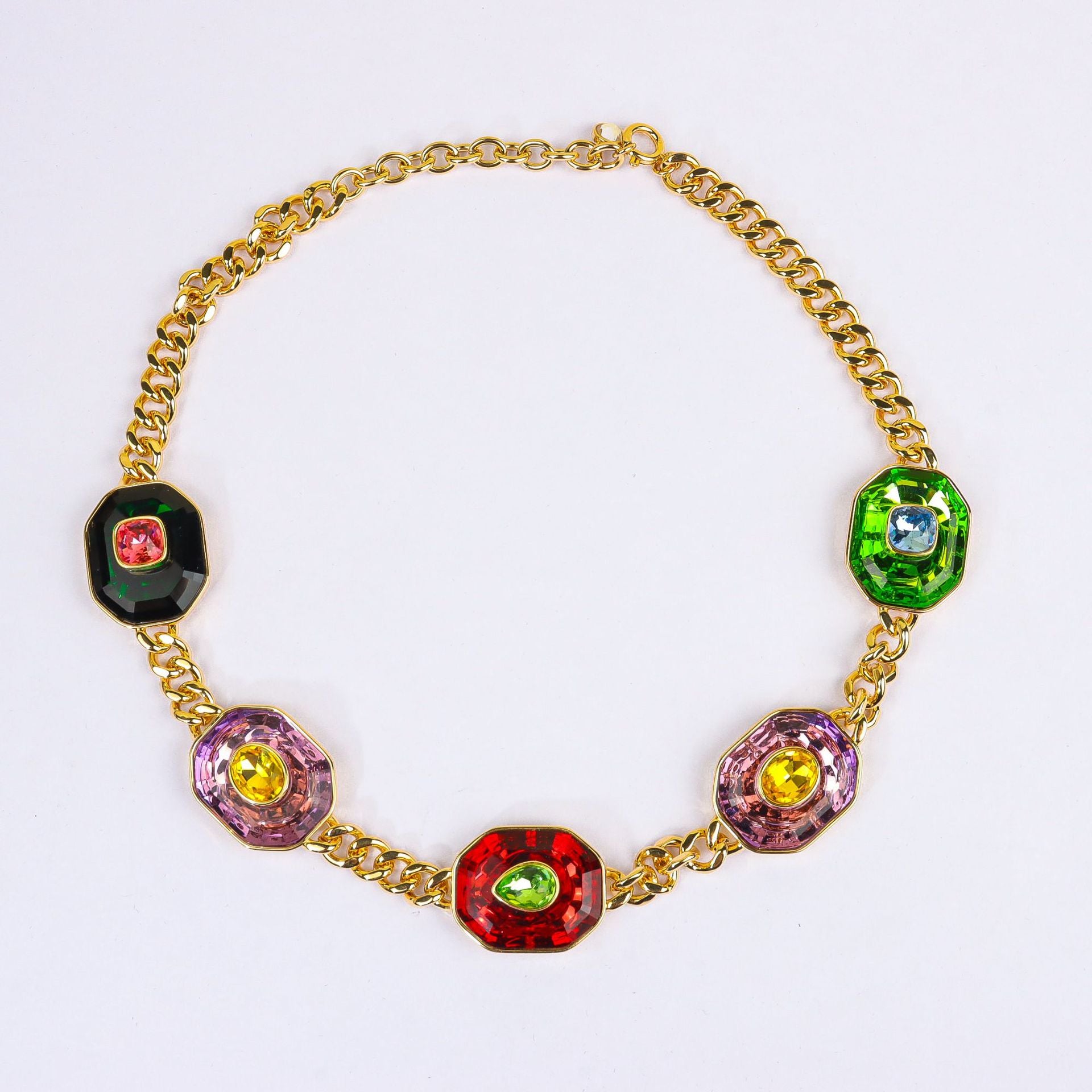 Multi Color Designer Chunky Chain Gold CZ Copper Necklace Combo Set Bulk