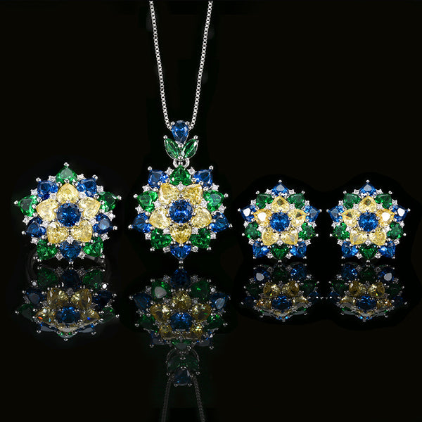 Flower Multi Gemstone Silver CZ Necklace Earring Ring Set Bulk Main image