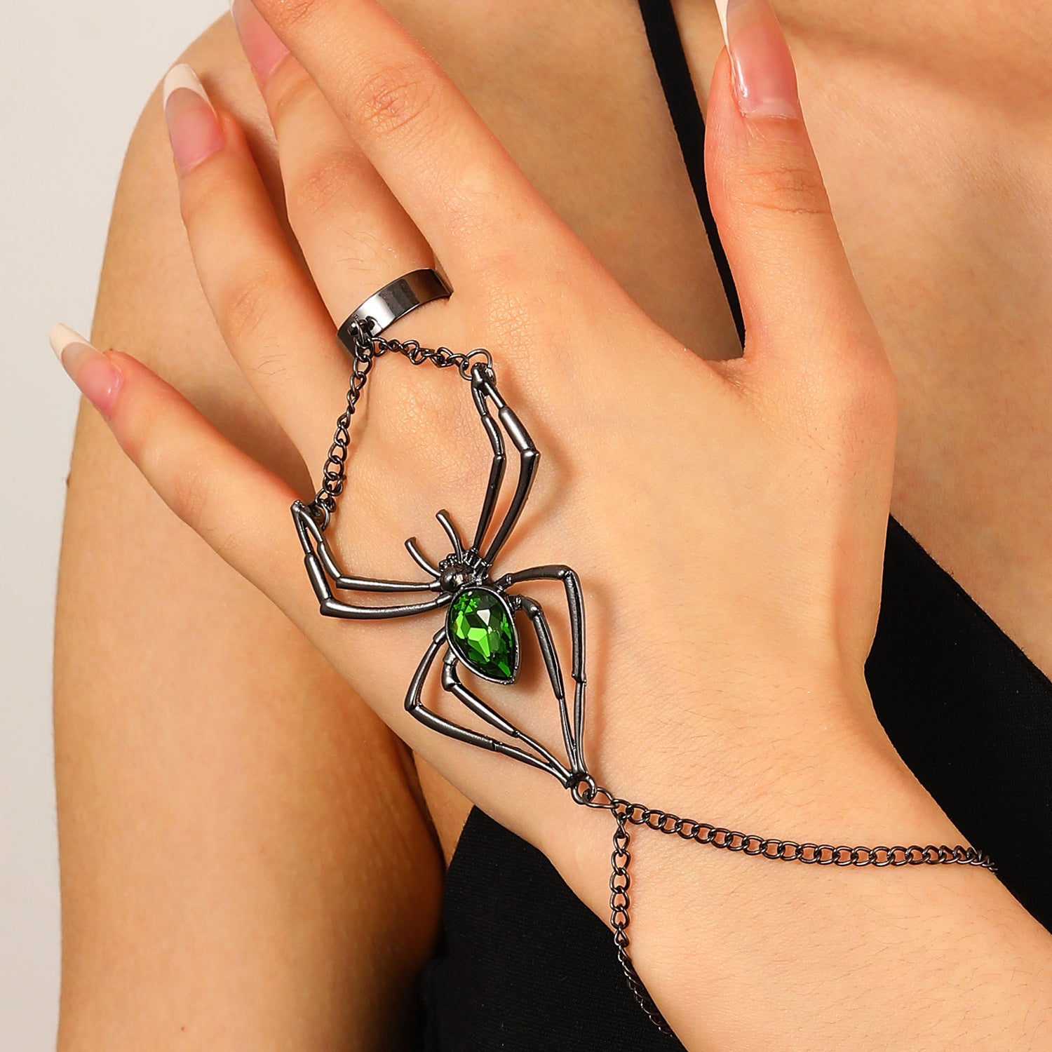 Wholesale Green Black Spider Black Rhinestone Ring-Bracelet For Women Main image