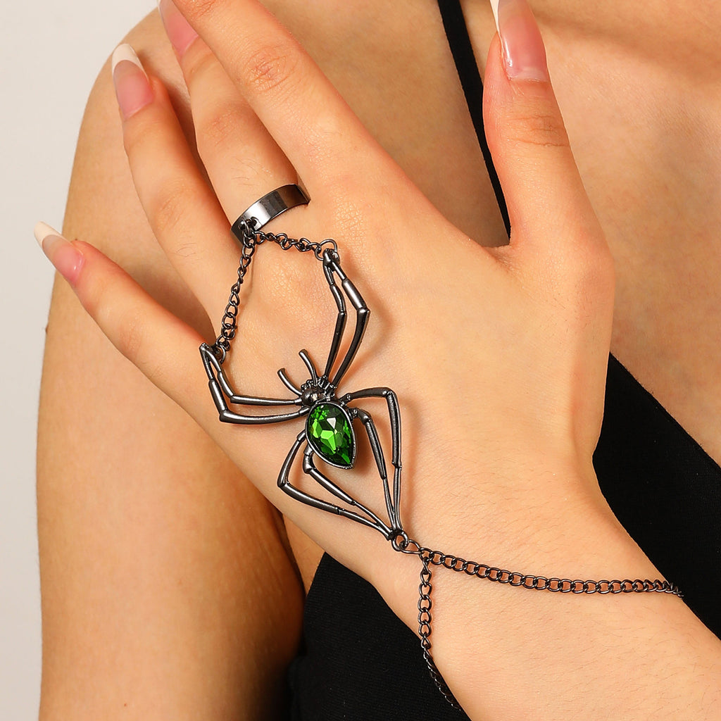 Wholesale Green Black Spider Black Rhinestone Ring-Bracelet For Women