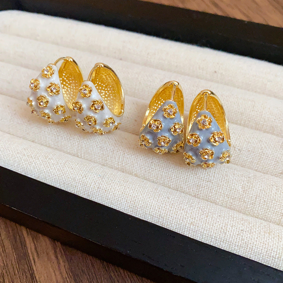 Flower White Grey 18K Gold CZ Enamel Hoop Stud Earring Pair Bulk Main image