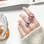 Silver Green Blue Pink Border Cubic Zirconia Adjustable Ring Bulk