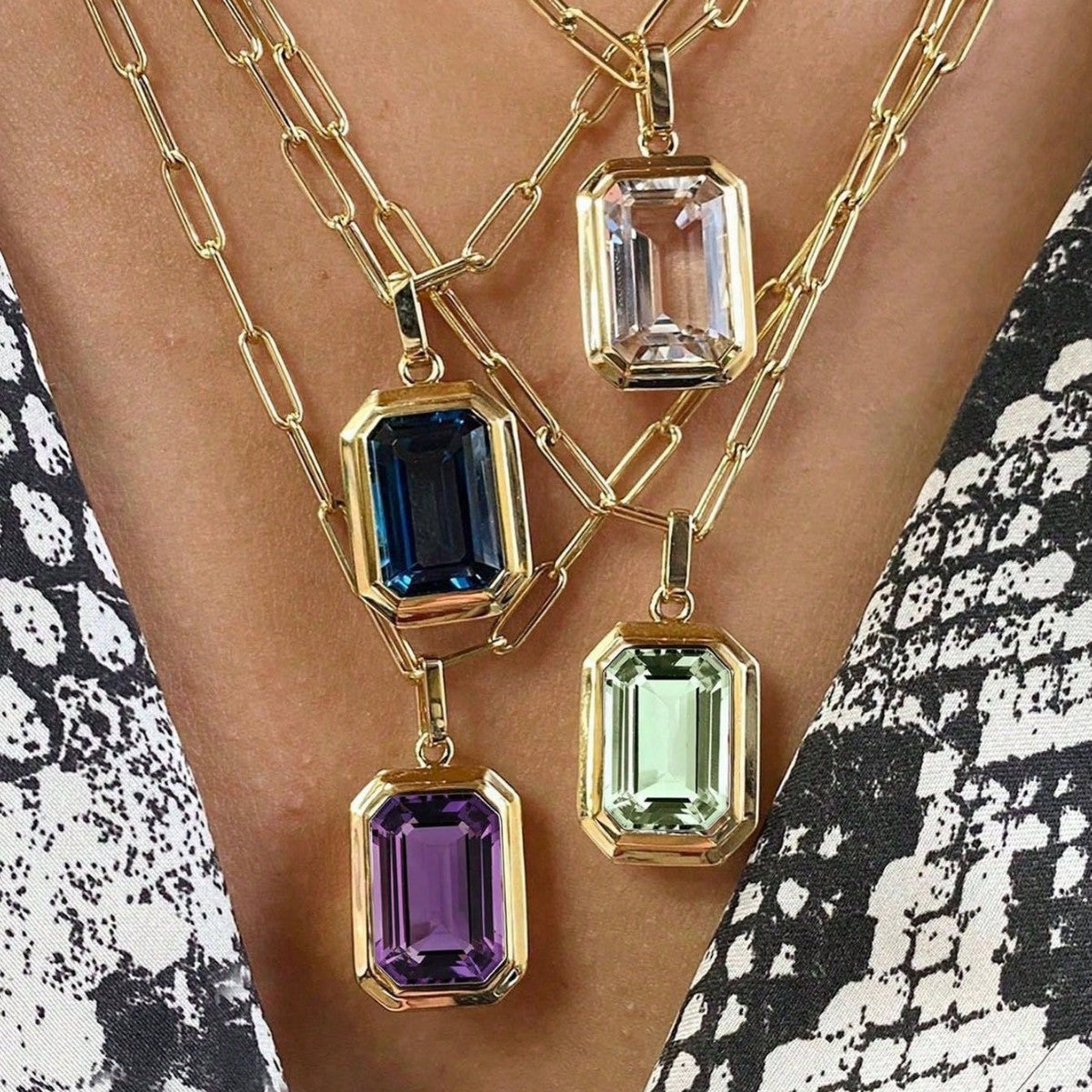 Multi Color Emerald Cut Gold Plated Crystal Copper Pendant Chain Bulk Main image