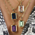 Multi Color Emerald Cut Gold Plated Crystal Copper Pendant Chain Bulk