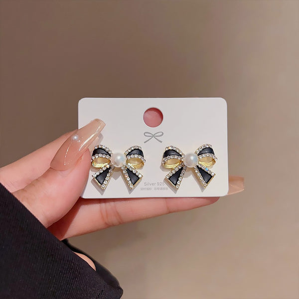 Black Bow Knot Gold Plated Rhinestone Pearl Alloy Stud Earrings Bulk Secondary image
