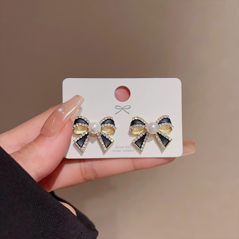 Black Bow Knot Gold Plated Rhinestone Pearl Alloy Stud Earrings Bulk