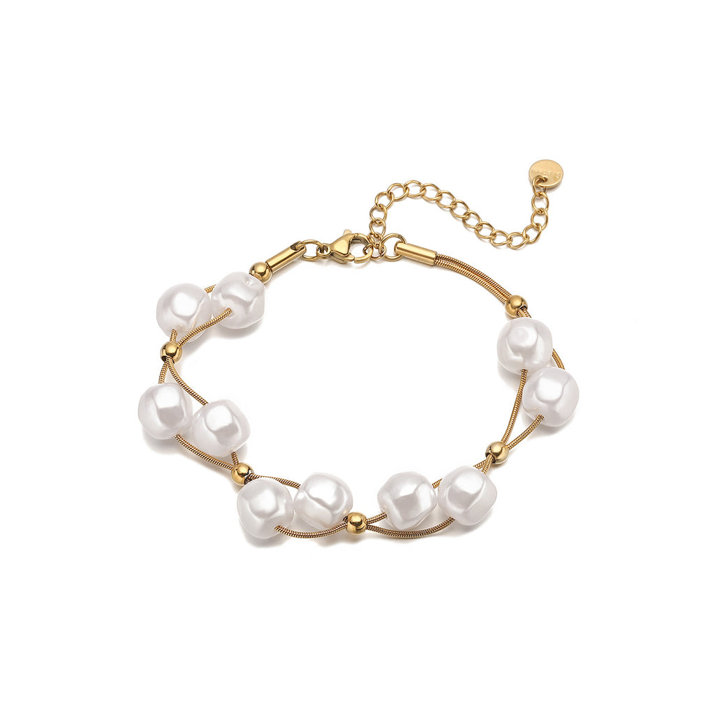 White Pearl 18K Gold Stainless Steel Anti Tarnish Dual Layer Chain Bracelet For Women