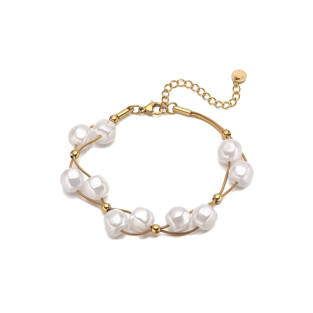 White Pearl 18K Gold Stainless Steel Anti Tarnish Dual Layer Chain Bracelet For Women