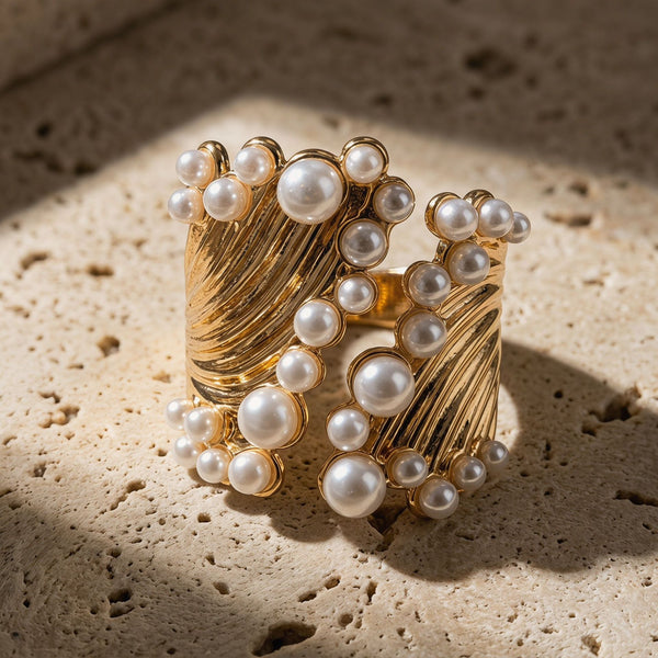 Luxury Gold Twisted Rope Design Faux Pearl Copper Cocktail Ring Bulk Secondary image