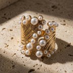 Luxury Gold Twisted Rope Design Faux Pearl Copper Cocktail Ring Bulk