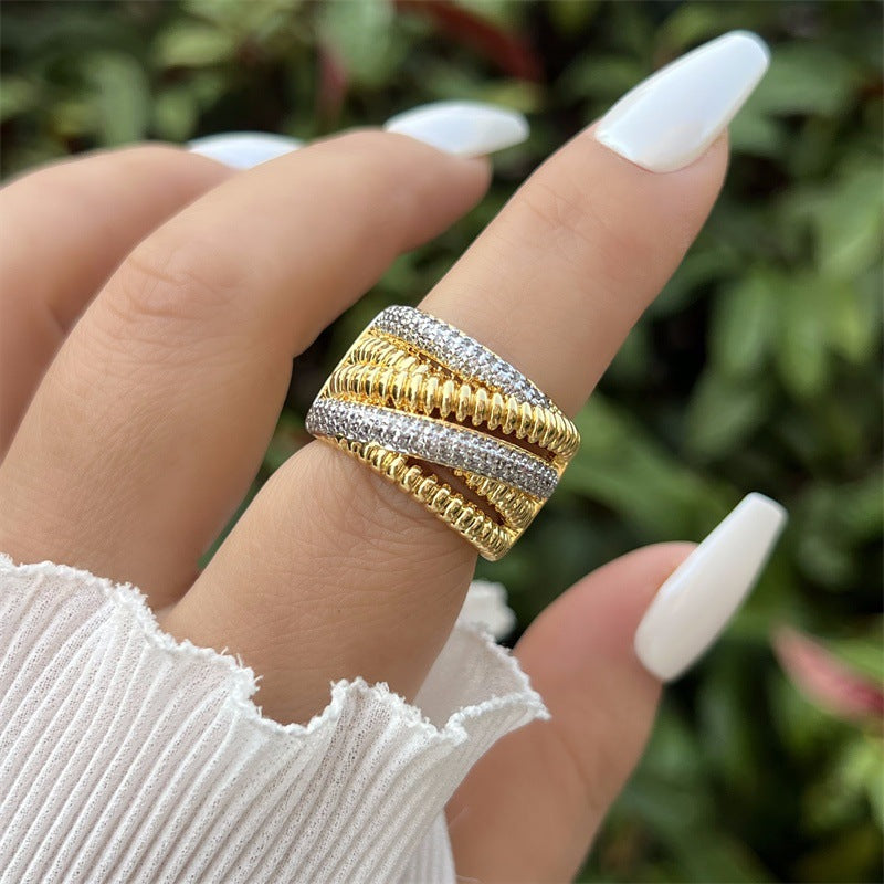 Designer Dual Tone Gold Silver Multi Layer CZ Copper Adjustable Ring Bulk
