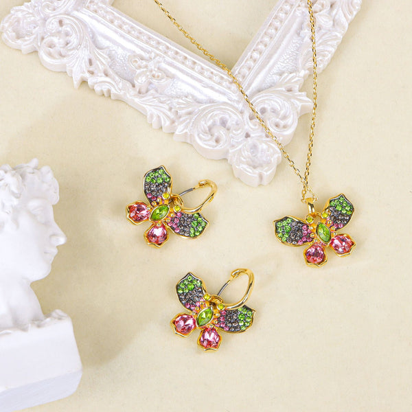 Multi Color Designer Butterfly Gold CZ Copper Necklace Earring Set Bulk Main image
