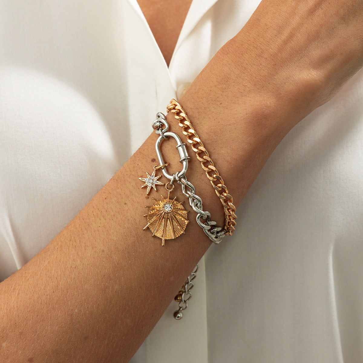 Sun Charm Dual Tone Chain Gold Silver Plated Bracelet For Women Bulk