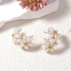 Dual Flower Pearl White 18K Gold Stud Earring For Women Bulk