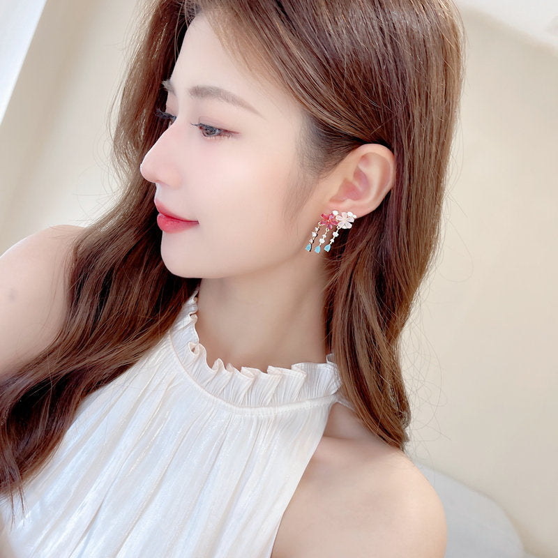 Floral Flower 18k Gold Plated Pink Red Crystals Cubic Zirconia Anti Tarnish Dangler Earrings For Women