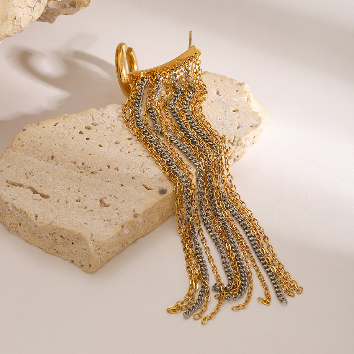 Two Tone Multi Layer Chain 18K Gold Silver Anti Tarnish Stainless Steel Dangler Tassel Single Right Side Earrings For Women