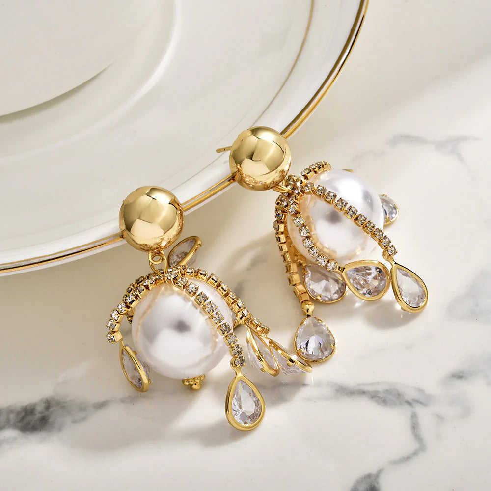 Gold Silver Pearl Cubic Zirconia Copper Drop Earrings For Women Bulk