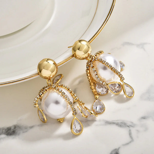 Gold Silver Pearl Cubic Zirconia Copper Drop Earrings For Women Bulk Secondary image