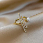 Bulk White Multi-Line Bar Gold CZ Pearl Copper Adjustable Cocktail Ring