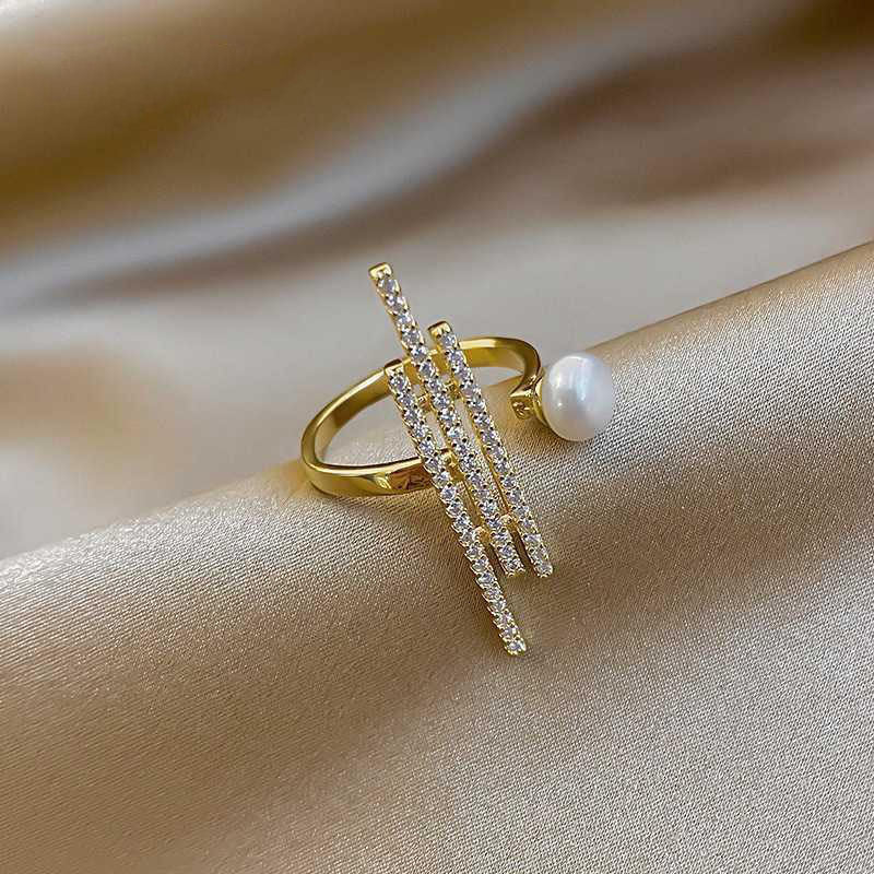 Bulk White Multi-Line Bar Gold CZ Pearl Copper Adjustable Cocktail Ring