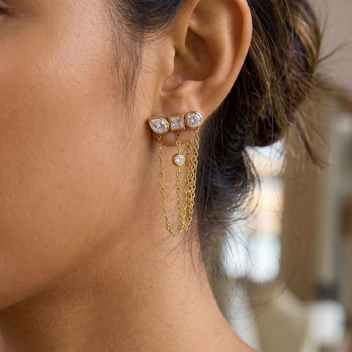 Luxury Triple Chain Gold Plated CZ Copper Drop Earrings Wholesale