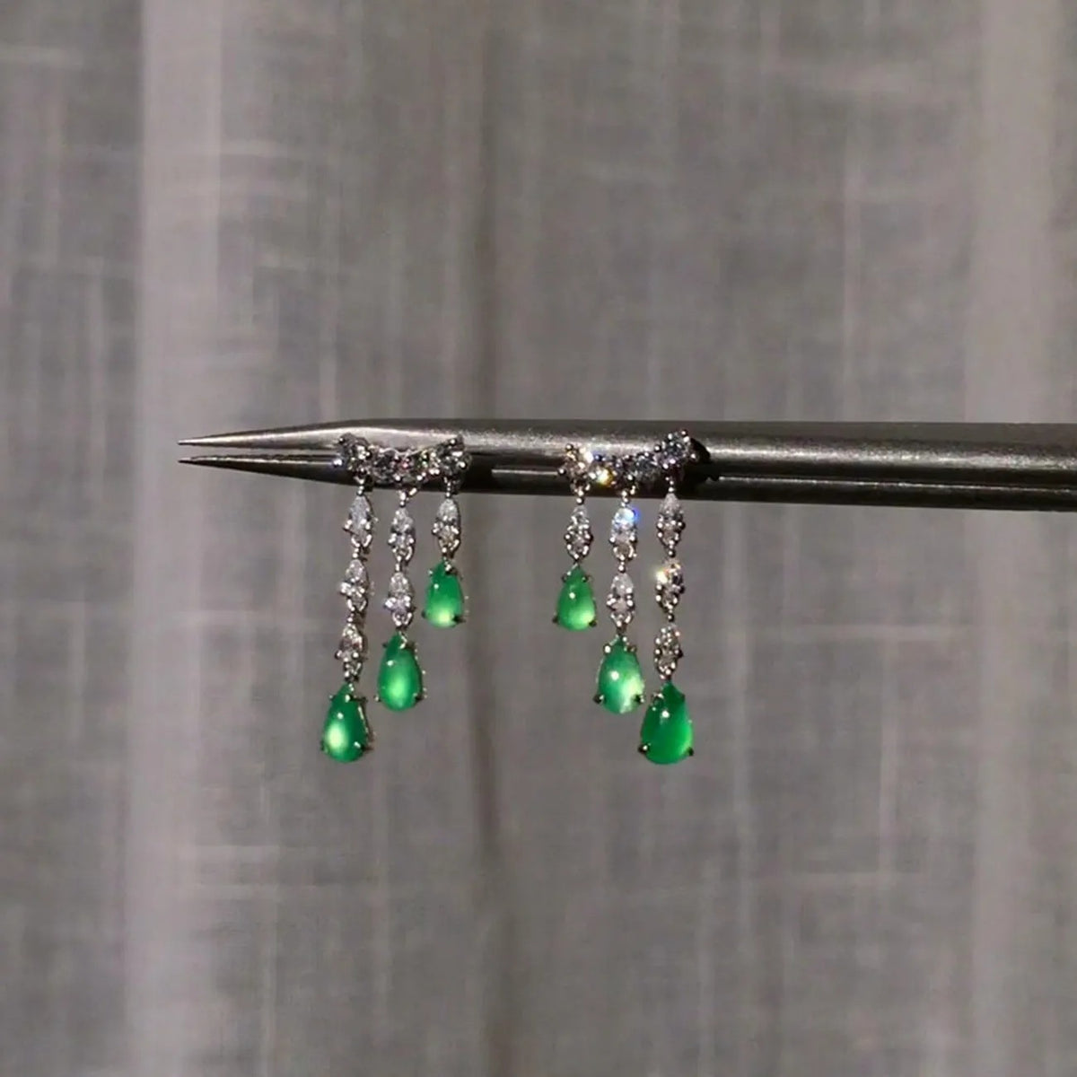 Green Teardrop Silver Cubic Zirconia Copper Dangler Earrings For Women Bulk