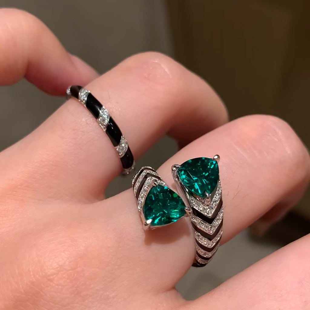 Drop Emerald Green Solitaire Black CZ Silver Anti Tarnish Ring Bulk