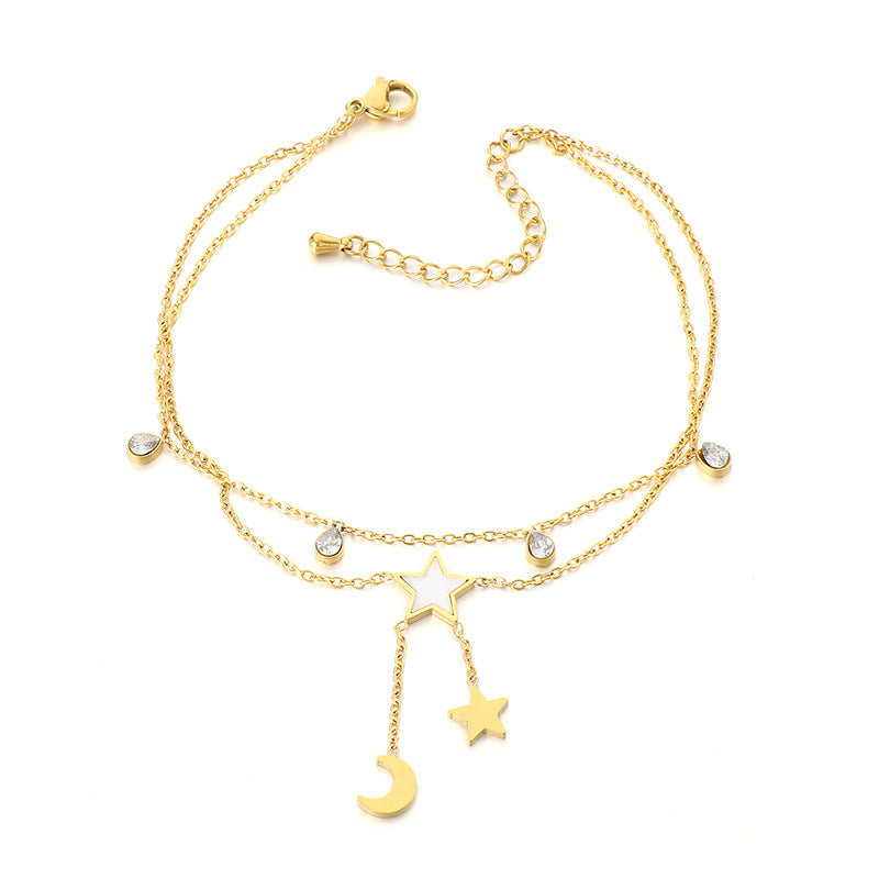 Elegant Gold Plated Celestial Star Moon Layered Chain CZ Anklets Bulk