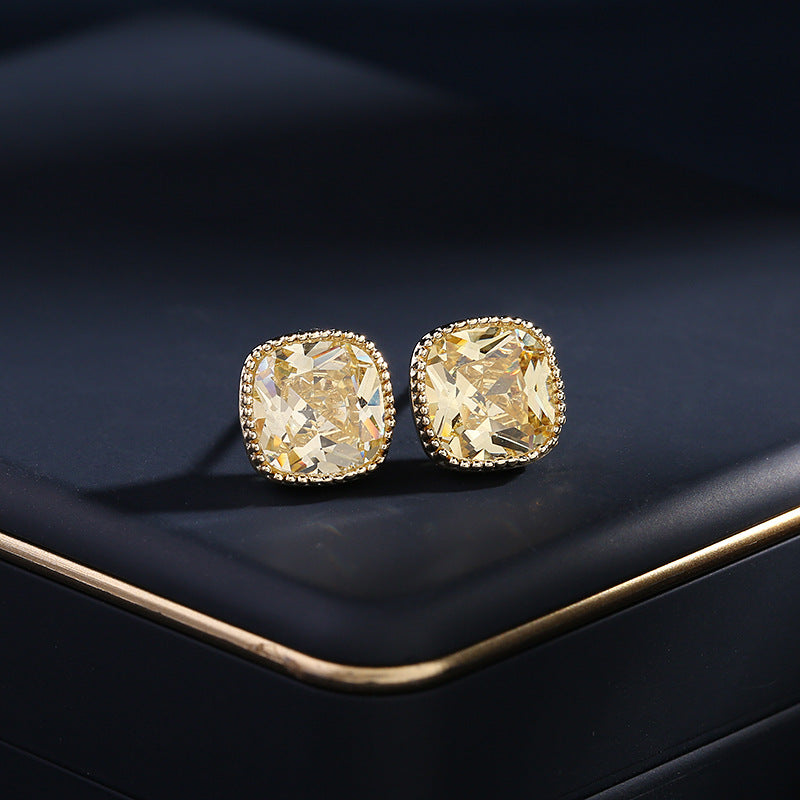 Yellow Cushion Cut Gold Plated CZ Anti Tarnish Copper Stud Earrings Bulk