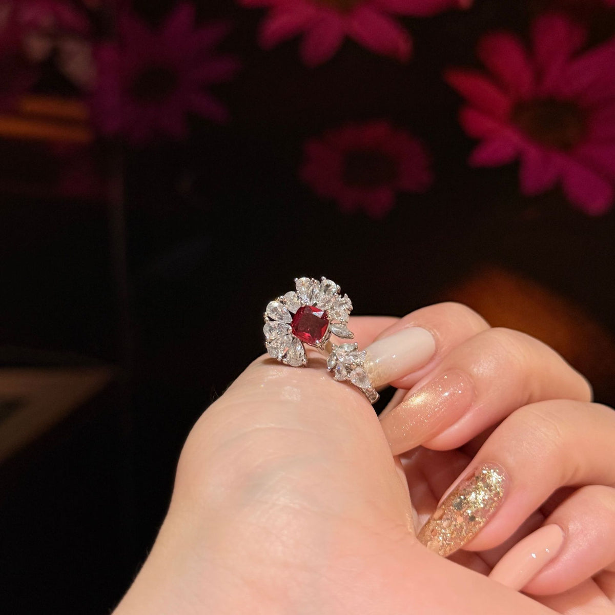 Red Flower Bloom Silver Cubic Zirconia Copper Adjustable Ring Women Bulk