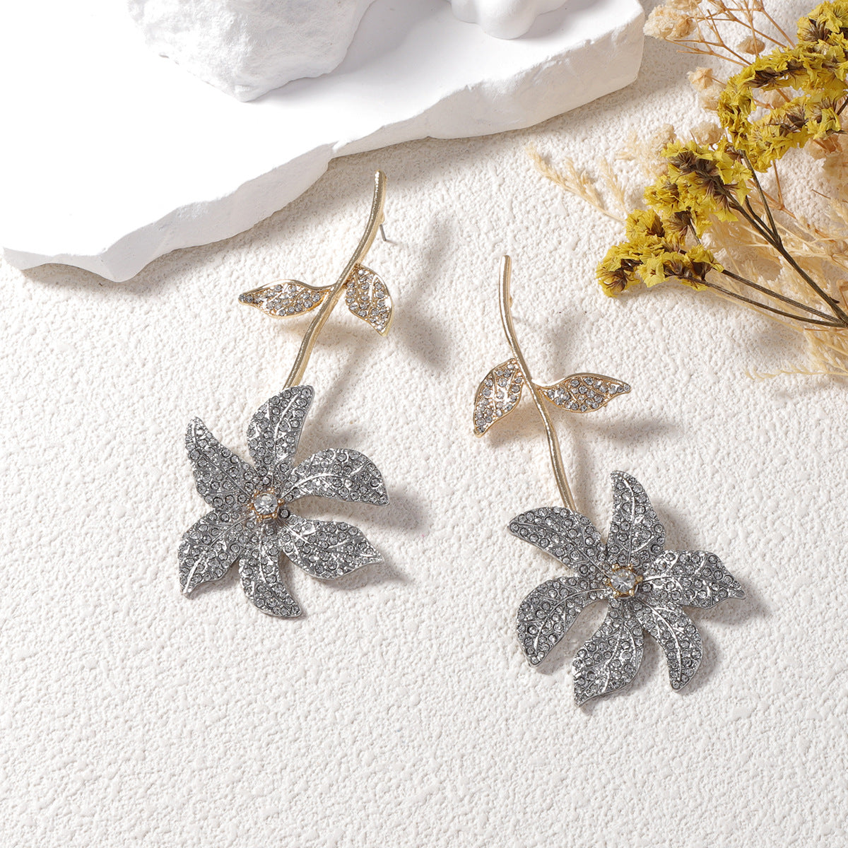 Flower Leaf 18K Gold Silver CZ Anti Tarnish Dangler Earring Bulk