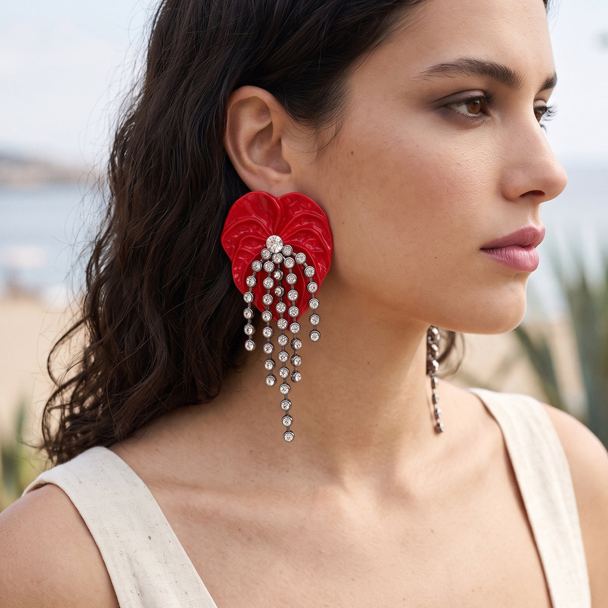 Red Monstera Leaf Gold Plated Rhinestone Dangler Earrings For Women Bulk
