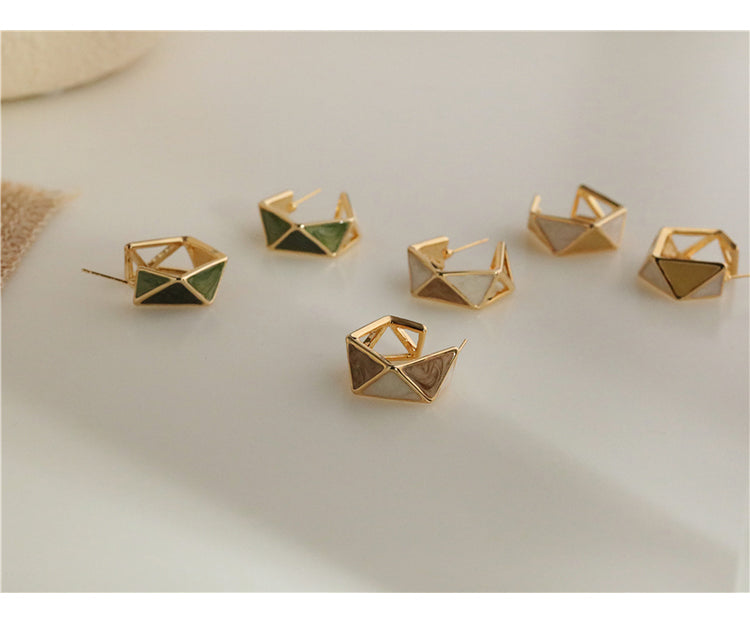 Triangle Enamel 18K Gold Green Brown Anti Tarnish Hoop Earring Bulk