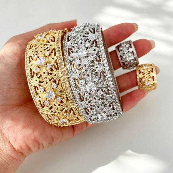 Gold Silver Floral Filigree Cubic Zirconia Copper Bangle For Women Bulk Main image