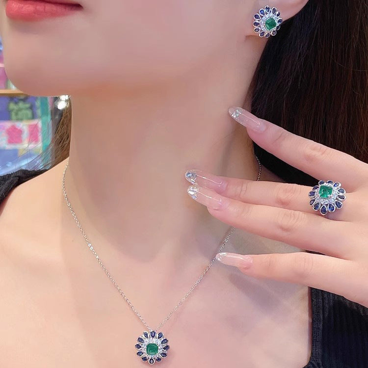 Sunflower Blue Green Gemstone Silver CZ Necklace Earring Ring Set Bulk Secondary image