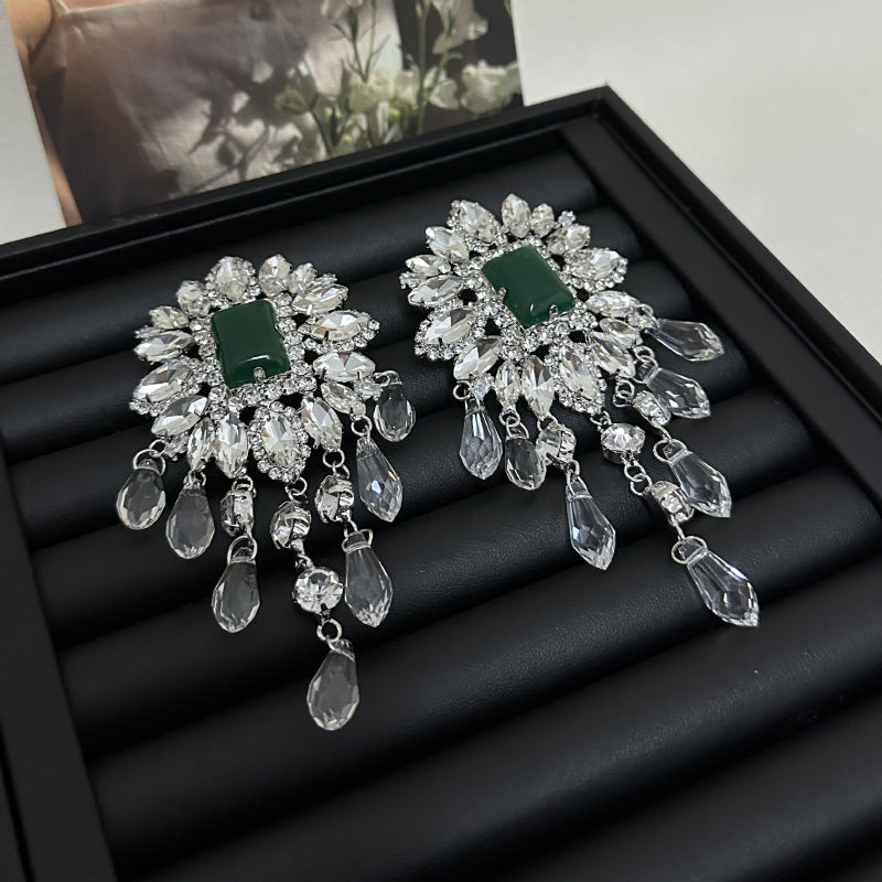 Flower Cubic Zirconia Emerald Green Silver Tassel Dangler Earring Bulk