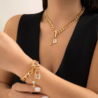 Key Lock Toggle CZ 18K Gold Curb Chain Necklace Bracelet Bulk
