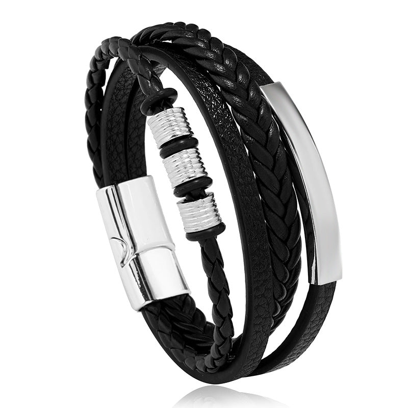 Rope Ring Black Brown Stainless Steel Multi Layer Wrist Band Id Leather Bracelet For Men