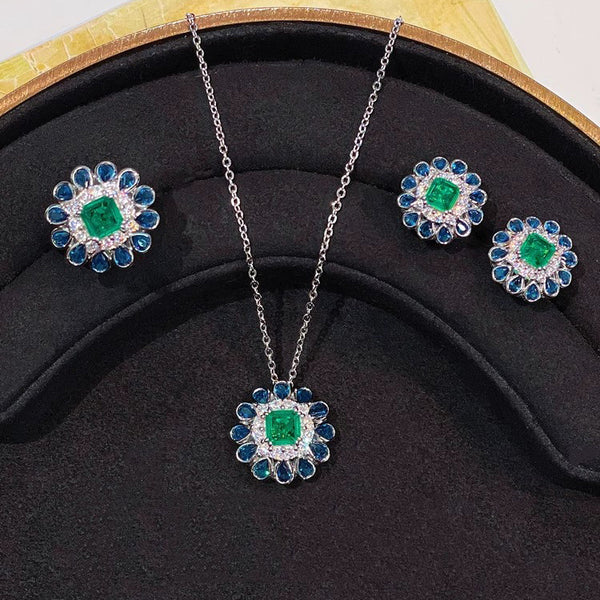 Sunflower Blue Green Gemstone Silver CZ Necklace Earring Ring Set Bulk Main image