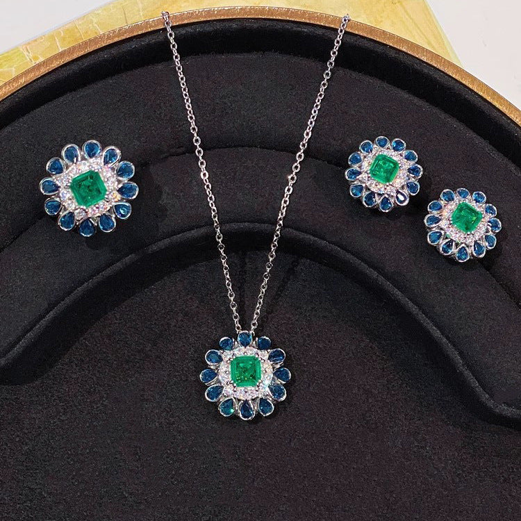 Sunflower Blue Green Gemstone Silver CZ Necklace Earring Ring Set Bulk