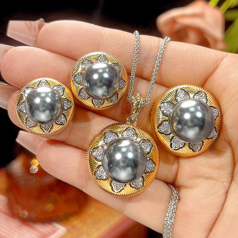 Antique Floral Gold Plated CZ Pearl Copper Necklace Combo Set Wholesale
