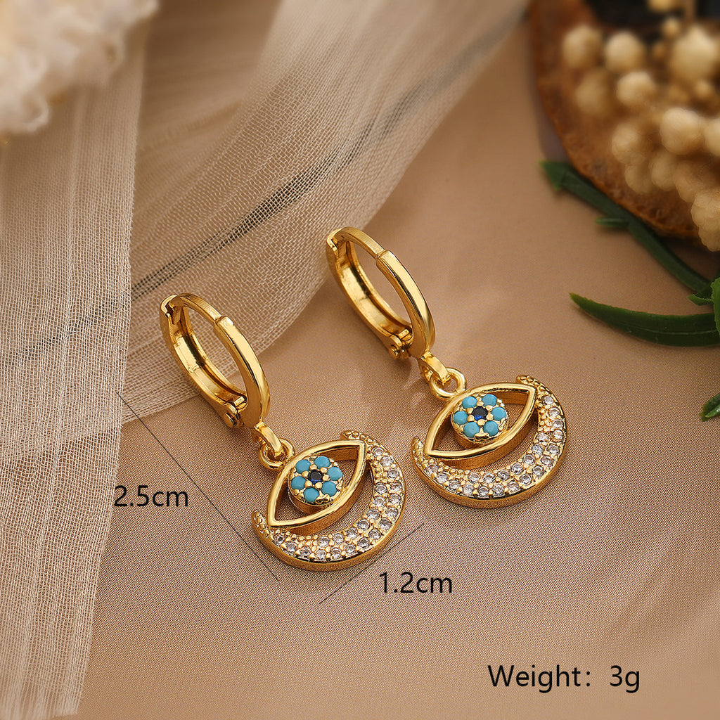 Moon Evil Eye 18K Gold CZ Anti Tarnish Pendant Chain Earring Set Bulk